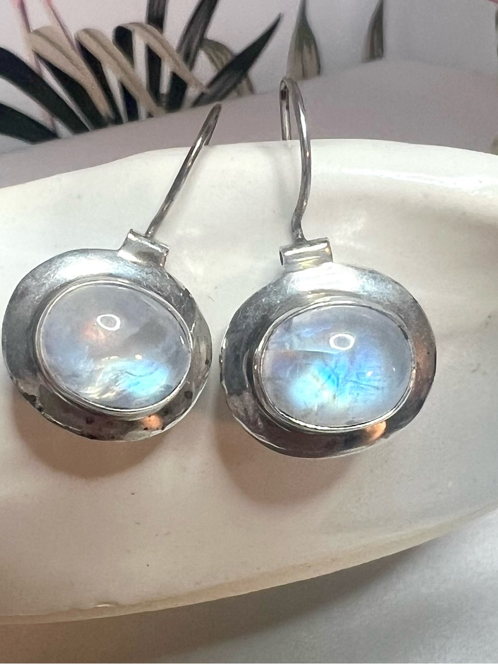 Vintage FNA Signed 925 Sterling Silver Rainbow Moonstone Earrings